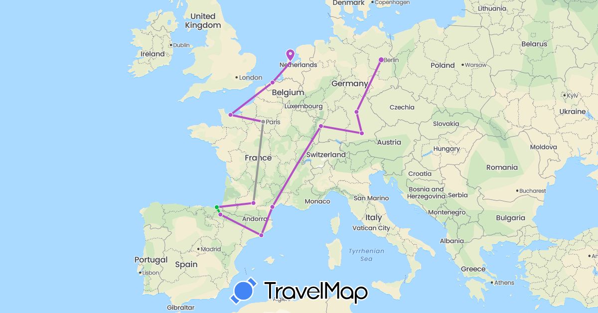 TravelMap itinerary: driving, bus, plane, train in Belgium, Germany, Spain, France, Netherlands (Europe)